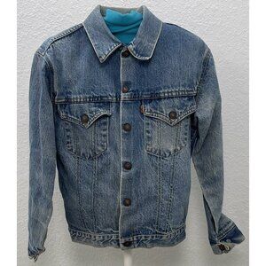 VTG 1970s LEVI'S Boys SIZE 18 Medium Wash Trucker JEAN JACKET Snap-Up Orange Tab
